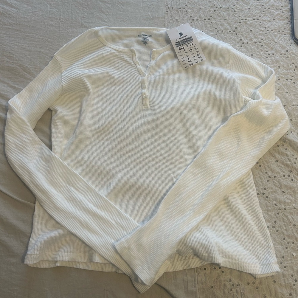 Brandy Melville White Waffle Button-Neck Top
